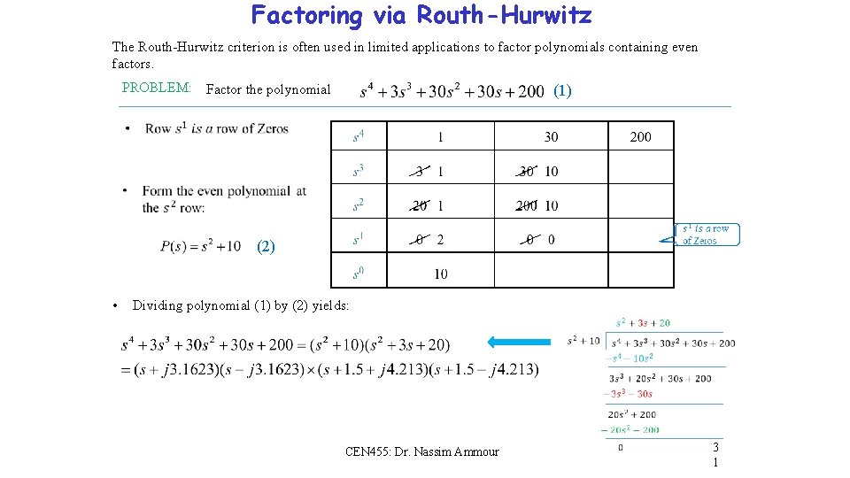 Factoring via Routh-Hurwitz The Routh-Hurwitz criterion is often used in limited applications to factor Factoring via Routh-Hurwitz The Routh-Hurwitz criterion is often used in limited applications to factor