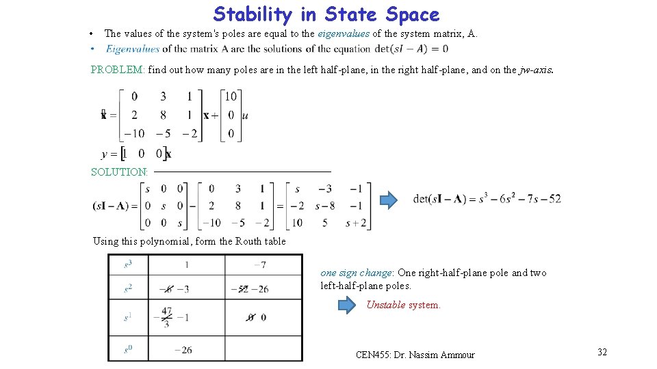Stability in State Space • The values of the system's poles are equal to Stability in State Space • The values of the system's poles are equal to