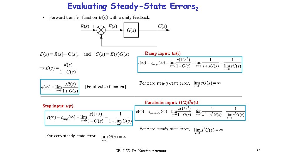 Evaluating Steady-State Errors 2 Ramp input: tu(t) [Final-value theorem] Step input: u(t) For zero
