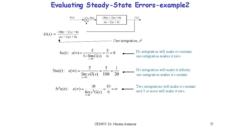 Evaluating Steady-State Errors-example 2 One integration, s 1 No integration will make it constant, Evaluating Steady-State Errors-example 2 One integration, s 1 No integration will make it constant,