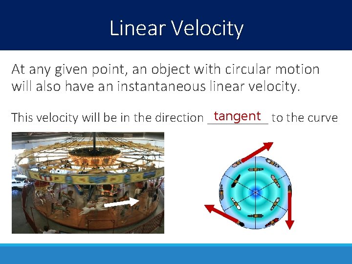 Linear Velocity At any given point, an object with circular motion will also have Linear Velocity At any given point, an object with circular motion will also have