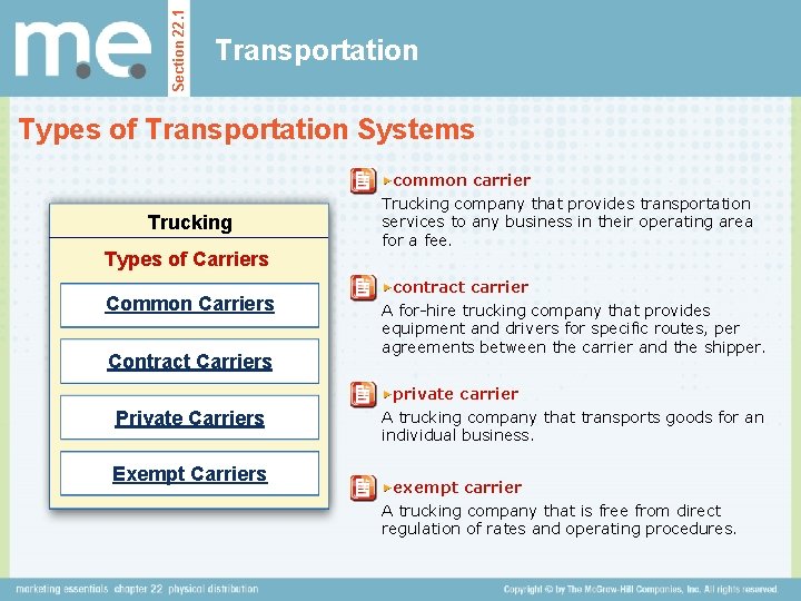 Section 22. 1 Transportation Types of Transportation Systems Trucking Types of Carriers Common Carriers