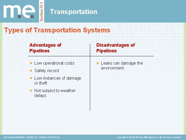 Section 22. 1 Transportation Types of Transportation Systems Advantages of Pipelines Low operational costs