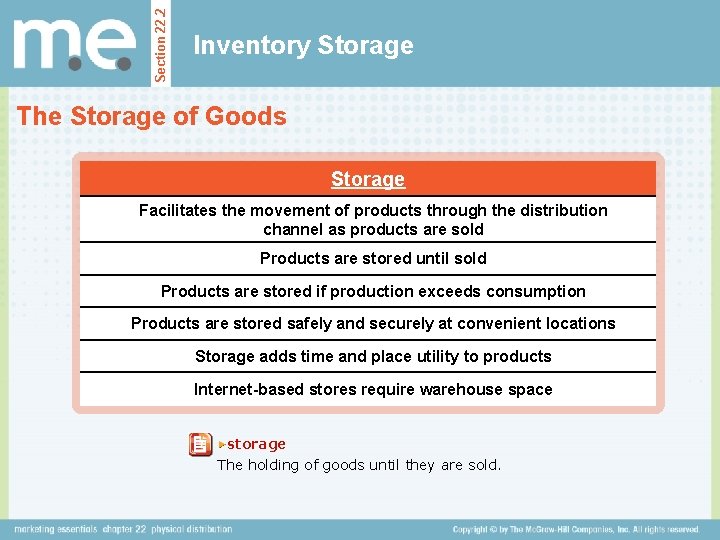 Section 22. 2 Inventory Storage The Storage of Goods Storage Facilitates the movement of