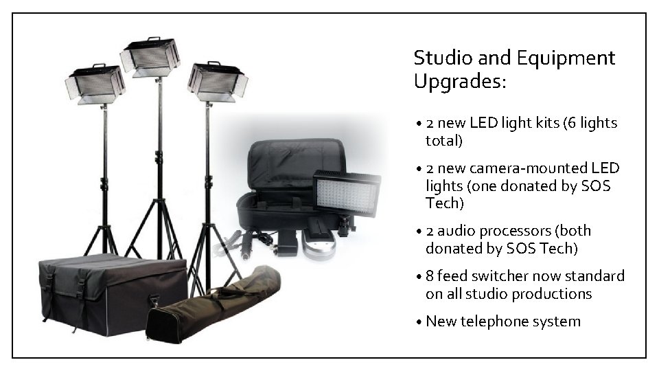 Studio and Equipment Upgrades: • 2 new LED light kits (6 lights total) •