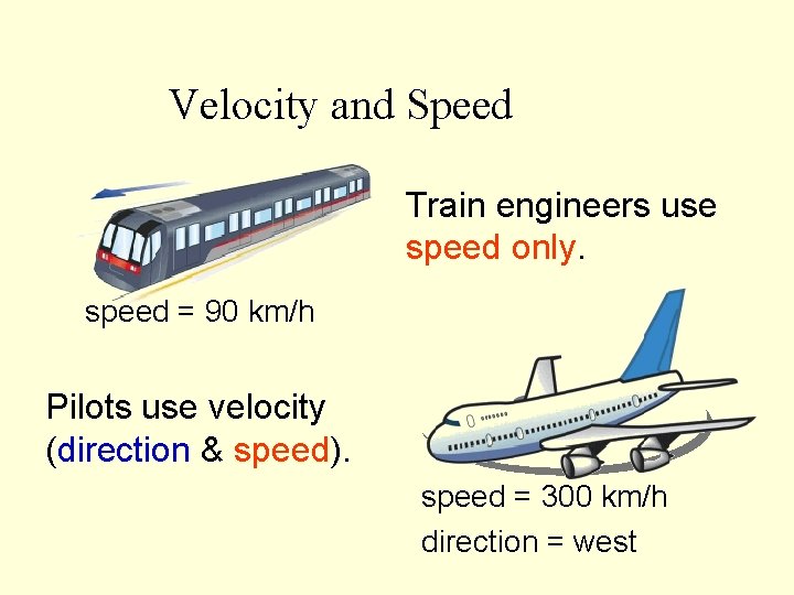 Velocity and Speed Train engineers use speed only. speed = 90 km/h Pilots use