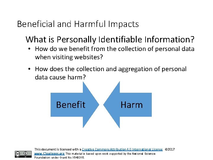 Beneficial and Harmful Impacts What is Personally Identifiable Information? • How do we benefit