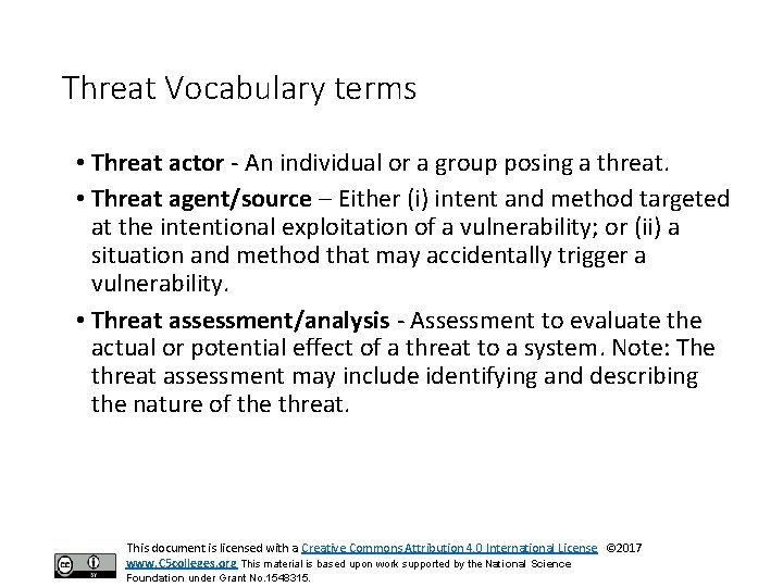 Threat Vocabulary terms • Threat actor - An individual or a group posing a