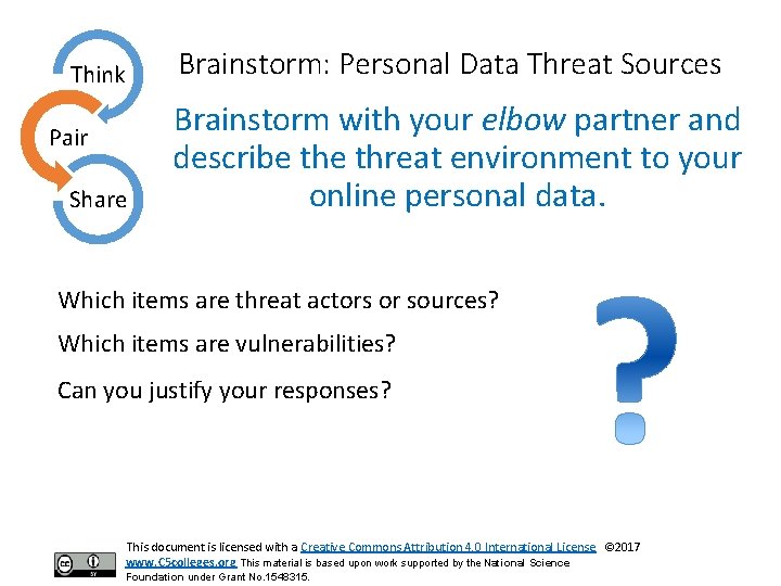 Think Pair Share Brainstorm: Personal Data Threat Sources Brainstorm with your elbow partner and