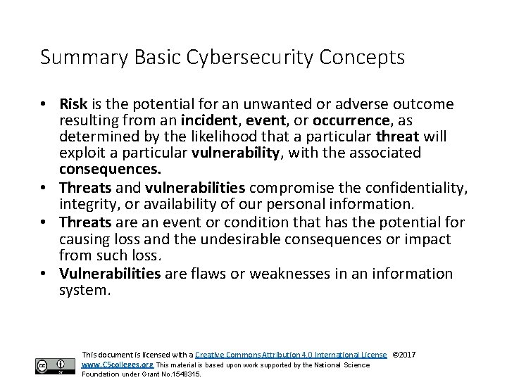 Summary Basic Cybersecurity Concepts • Risk is the potential for an unwanted or adverse