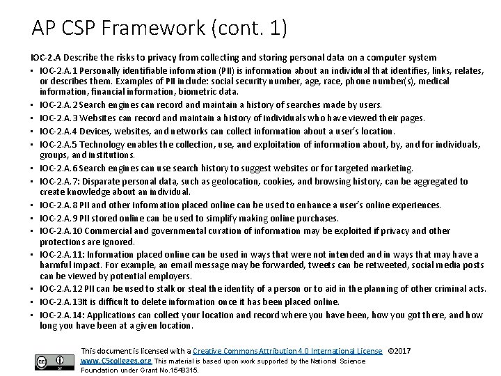 AP CSP Framework (cont. 1) IOC-2. A Describe the risks to privacy from collecting