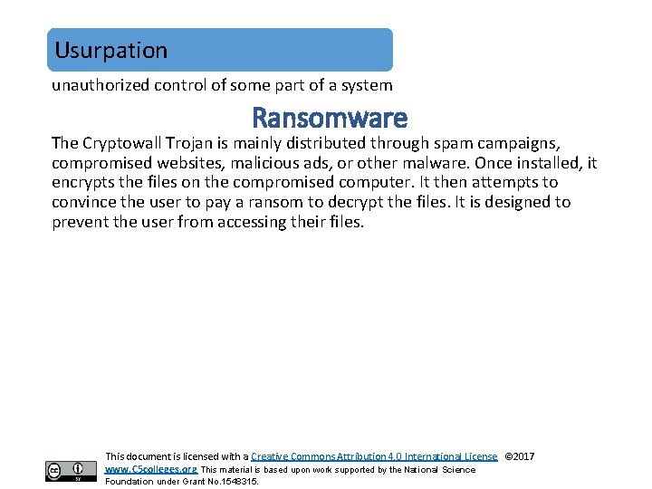 Usurpation unauthorized control of some part of a system Ransomware The Cryptowall Trojan is