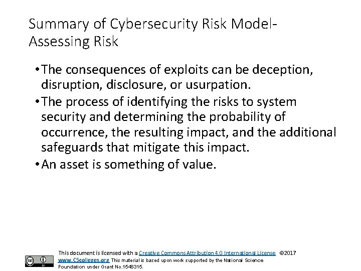 Summary of Cybersecurity Risk Model. Assessing Risk • The consequences of exploits can be