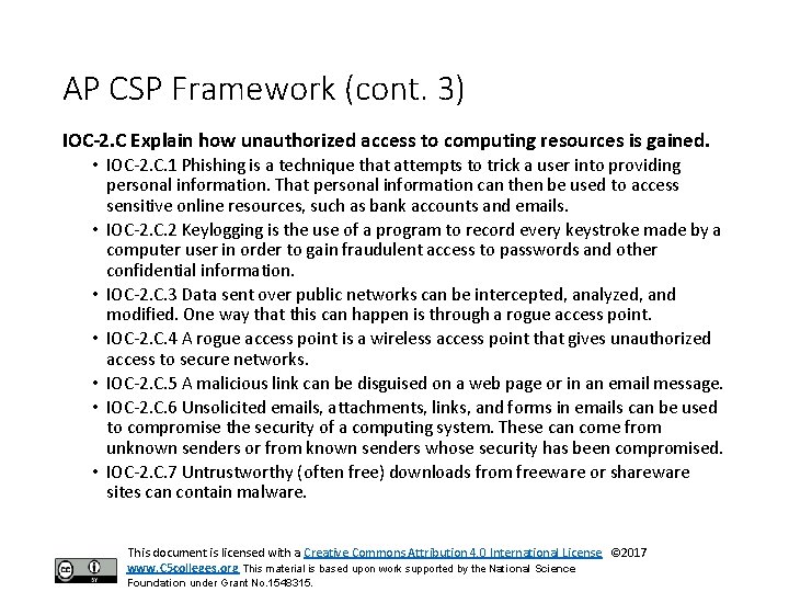 AP CSP Framework (cont. 3) IOC-2. C Explain how unauthorized access to computing resources