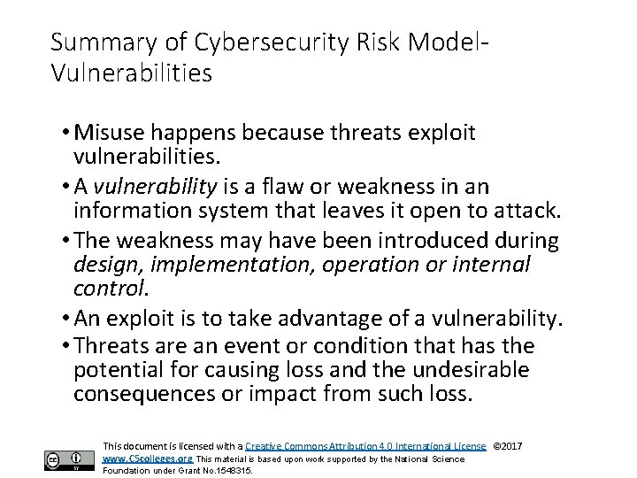 Summary of Cybersecurity Risk Model. Vulnerabilities • Misuse happens because threats exploit vulnerabilities. •