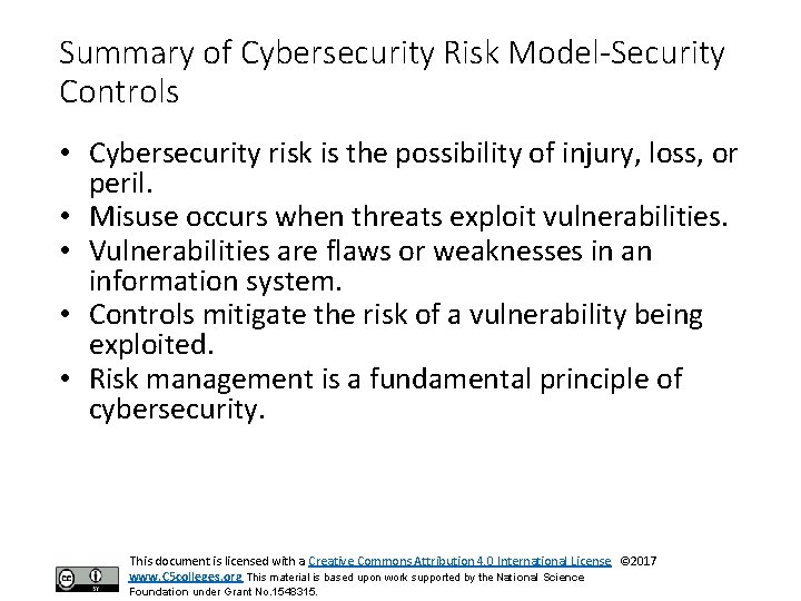 Summary of Cybersecurity Risk Model-Security Controls • Cybersecurity risk is the possibility of injury,
