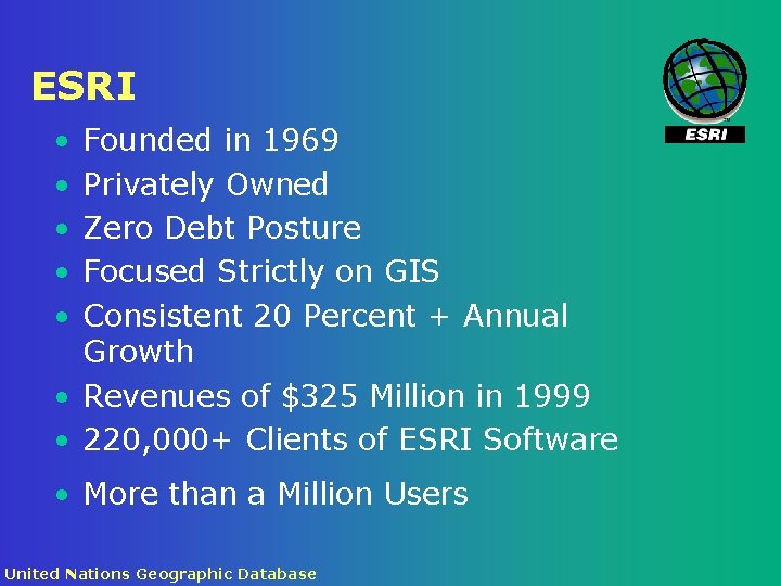 ESRI • • • Founded in 1969 Privately Owned Zero Debt Posture Focused Strictly