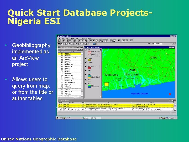 Quick Start Database Projects. Nigeria ESI • Geobibliography implemented as an Arc. View project