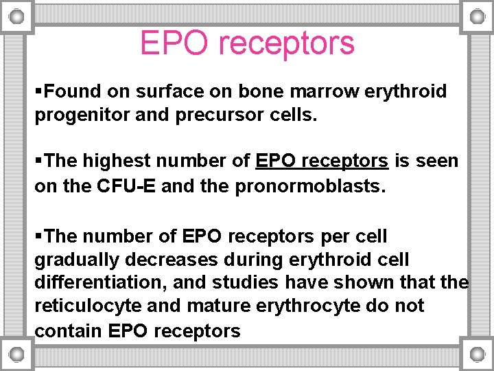 EPO receptors §Found on surface on bone marrow erythroid progenitor and precursor cells. §The
