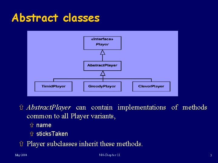 Abstract classes ñ Abstract. Player can contain implementations of methods common to all Player