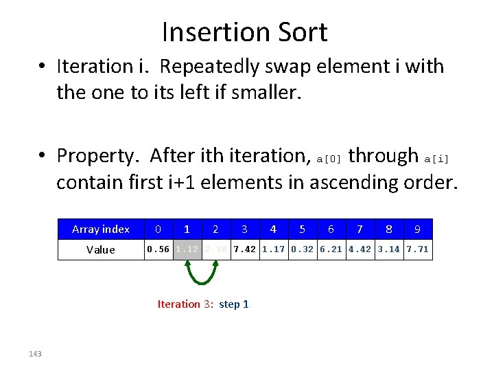 Insertion Sort • Iteration i. Repeatedly swap element i with the one to its