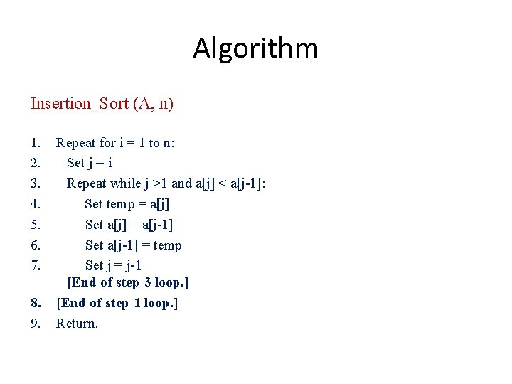 Algorithm Insertion_Sort (A, n) 1. 2. 3. 4. 5. 6. 7. 8. 9. Repeat