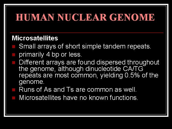 HUMAN NUCLEAR GENOME Microsatellites n Small arrays of short simple tandem repeats. n primarily