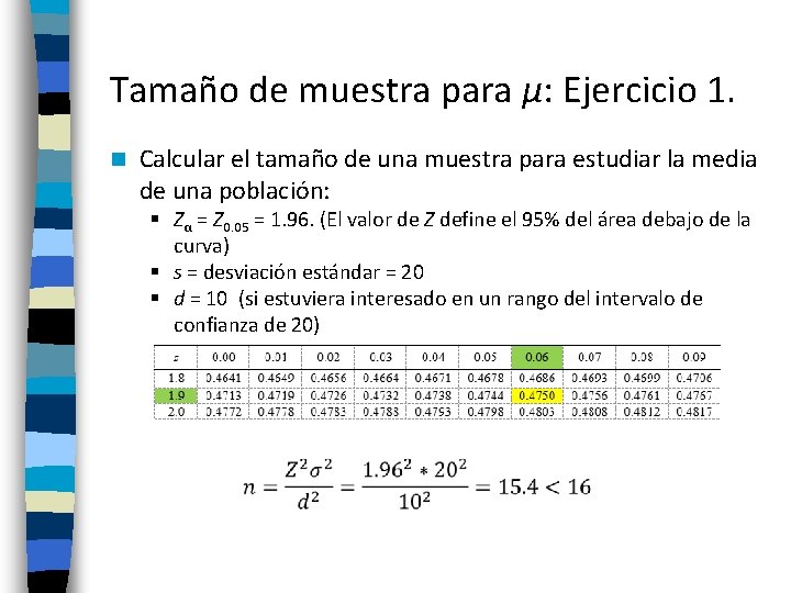 Tamaño de muestra para µ: Ejercicio 1. n Calcular el tamaño de una muestra