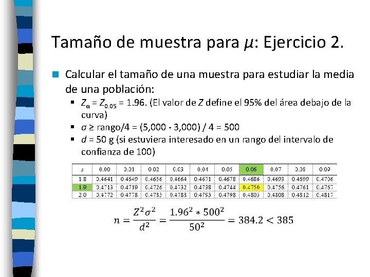 Tamaño de muestra para µ: Ejercicio 2. n Calcular el tamaño de una muestra