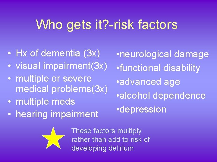 Who gets it? -risk factors • Hx of dementia (3 x) • visual impairment(3