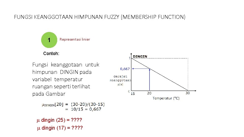 FUNGSI KEANGGOTAAN HIMPUNAN FUZZY (MEMBERSHIP FUNCTION) 11. Representasi linier Contoh: Fungsi keanggotaan untuk himpunan