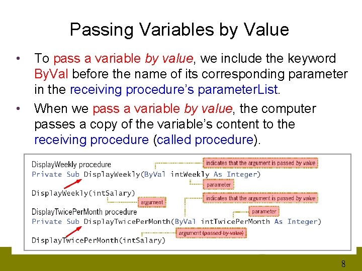 Passing Variables by Value • • To pass a variable by value, we include