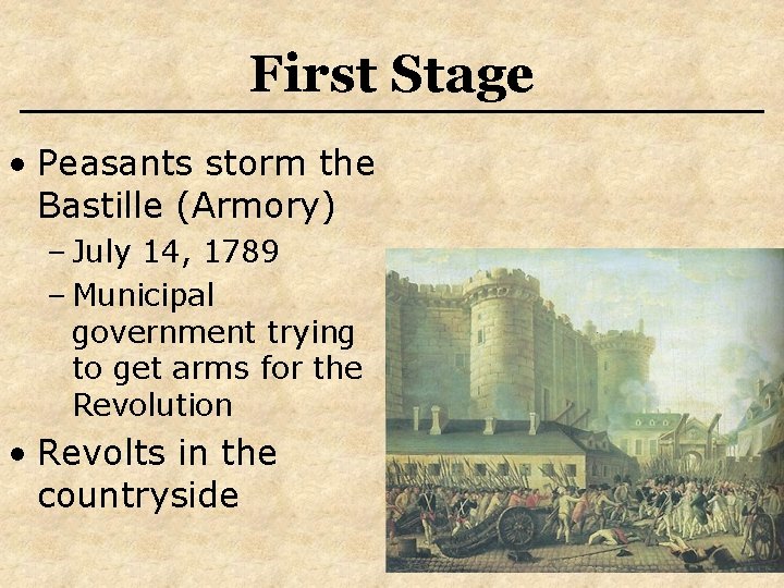 First Stage • Peasants storm the Bastille (Armory) – July 14, 1789 – Municipal