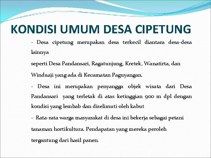 KONDISI UMUM DESA CIPETUNG - Desa cipetung merupakan desa terkecil diantara desa-desa lainnya seperti