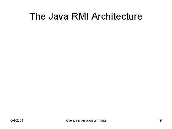 The Java RMI Architecture 6/4/2021 Client-server programming 19 The Java RMI Architecture 6/4/2021 Client-server programming 19