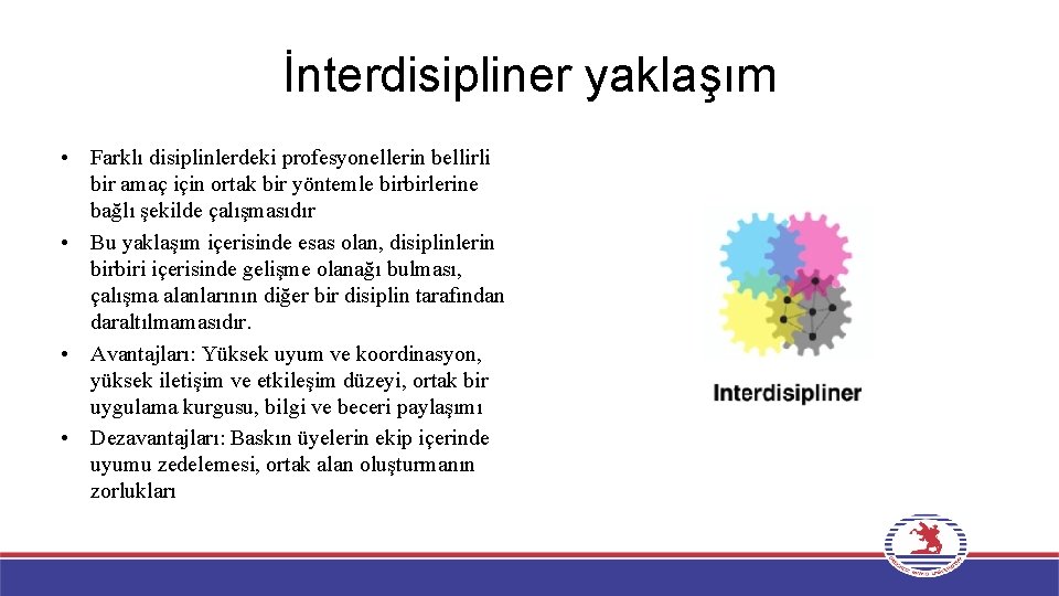 İnterdisipliner yaklaşım • Farklı disiplinlerdeki profesyonellerin bellirli bir amaç için ortak bir yöntemle birbirlerine