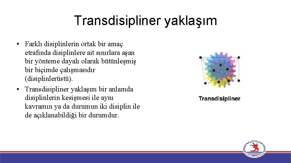 Transdisipliner yaklaşım • Farklı disiplinlerin ortak bir amaç etrafında disiplinlere ait sınırlara aşan bir