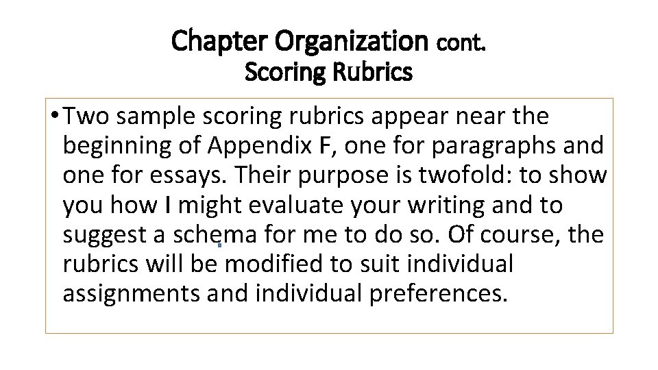 Chapter Organization cont. Scoring Rubrics • Two sample scoring rubrics appear near the beginning
