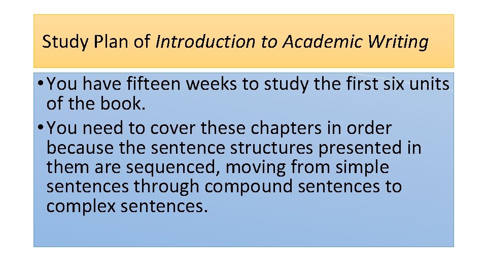 Study Plan of Introduction to Academic Writing • You have fifteen weeks to study
