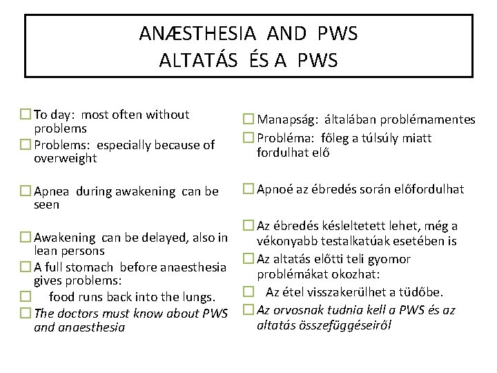 ANÆSTHESIA AND PWS ALTATÁS ÉS A PWS � To day: most often without problems