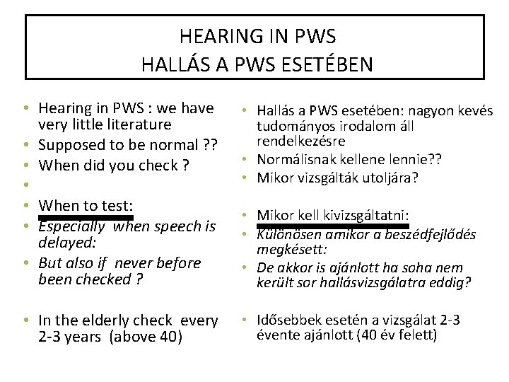 HEARING IN PWS HALLÁS A PWS ESETÉBEN • Hearing in PWS : we have