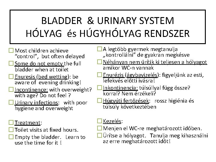 BLADDER & URINARY SYSTEM HÓLYAG és HÚGYHÓLYAG RENDSZER � Most children achieve “control”, but