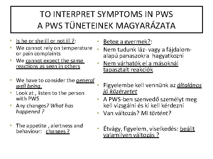 TO INTERPRET SYMPTOMS IN PWS A PWS TÜNETEINEK MAGYARÁZATA • Is he or she