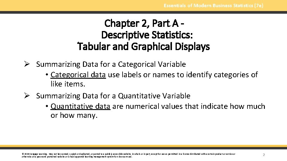 Essentials of Modern Business Statistics (7 e) Chapter 2, Part A Descriptive Statistics: Tabular