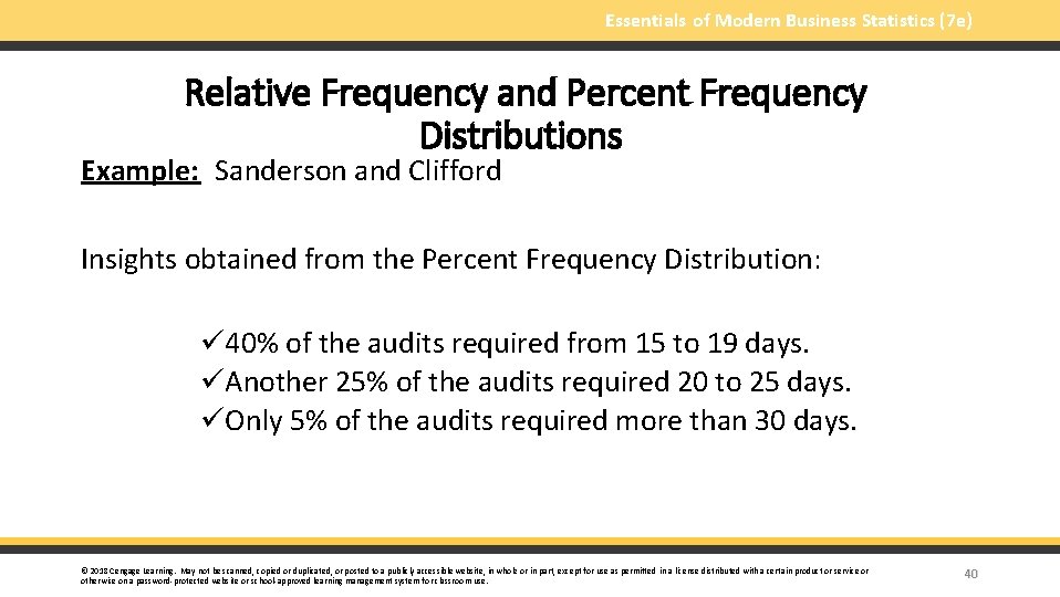 Essentials of Modern Business Statistics (7 e) Relative Frequency and Percent Frequency Distributions Example: