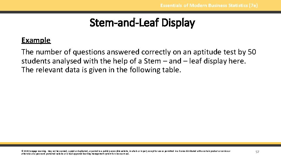Essentials of Modern Business Statistics (7 e) Stem-and-Leaf Display Example The number of questions