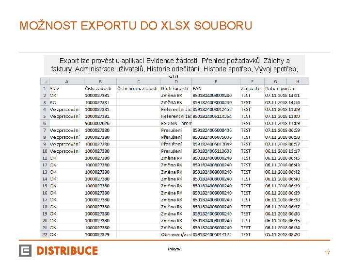 MOŽNOST EXPORTU DO XLSX SOUBORU Export lze provést u aplikací Evidence žádostí, Přehled požadavků,