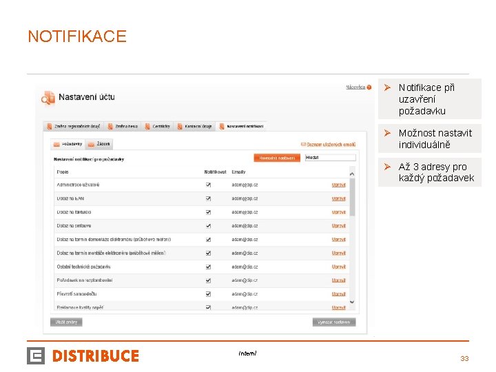 NOTIFIKACE Ø Notifikace při uzavření požadavku Ø Možnost nastavit individuálně Ø Až 3 adresy