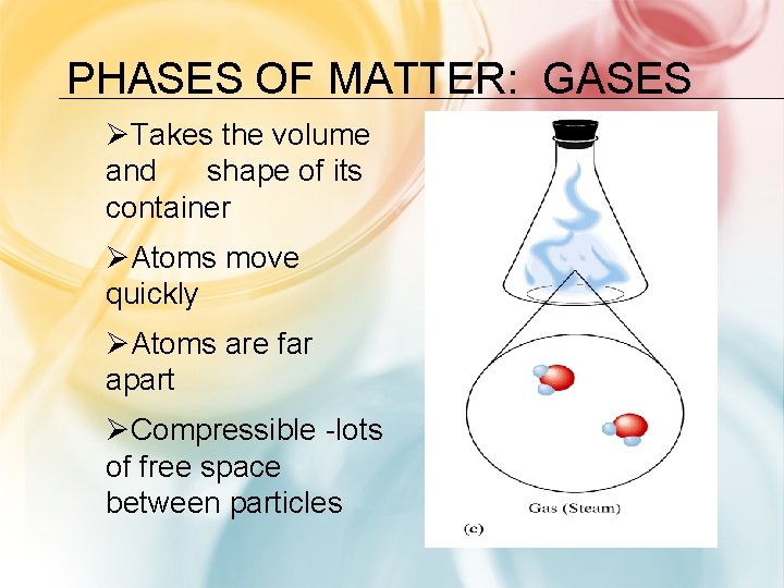 PHASES OF MATTER: GASES ØTakes the volume and shape of its container ØAtoms move