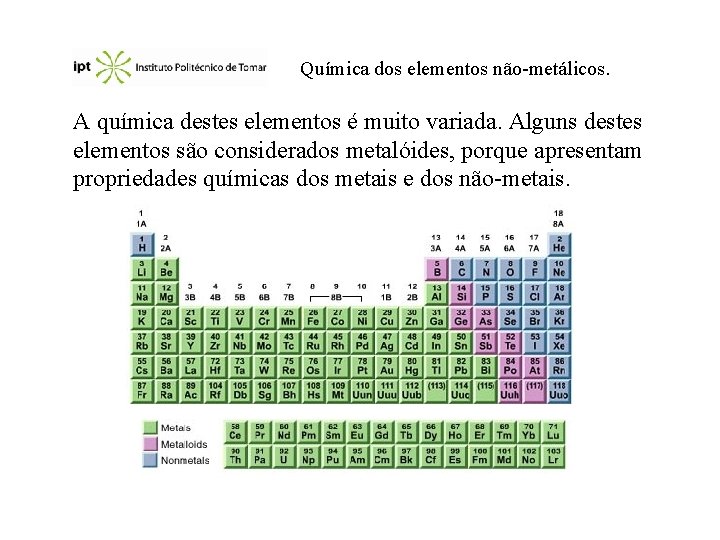 Química dos elementos não-metálicos. A química destes elementos é muito variada. Alguns destes elementos